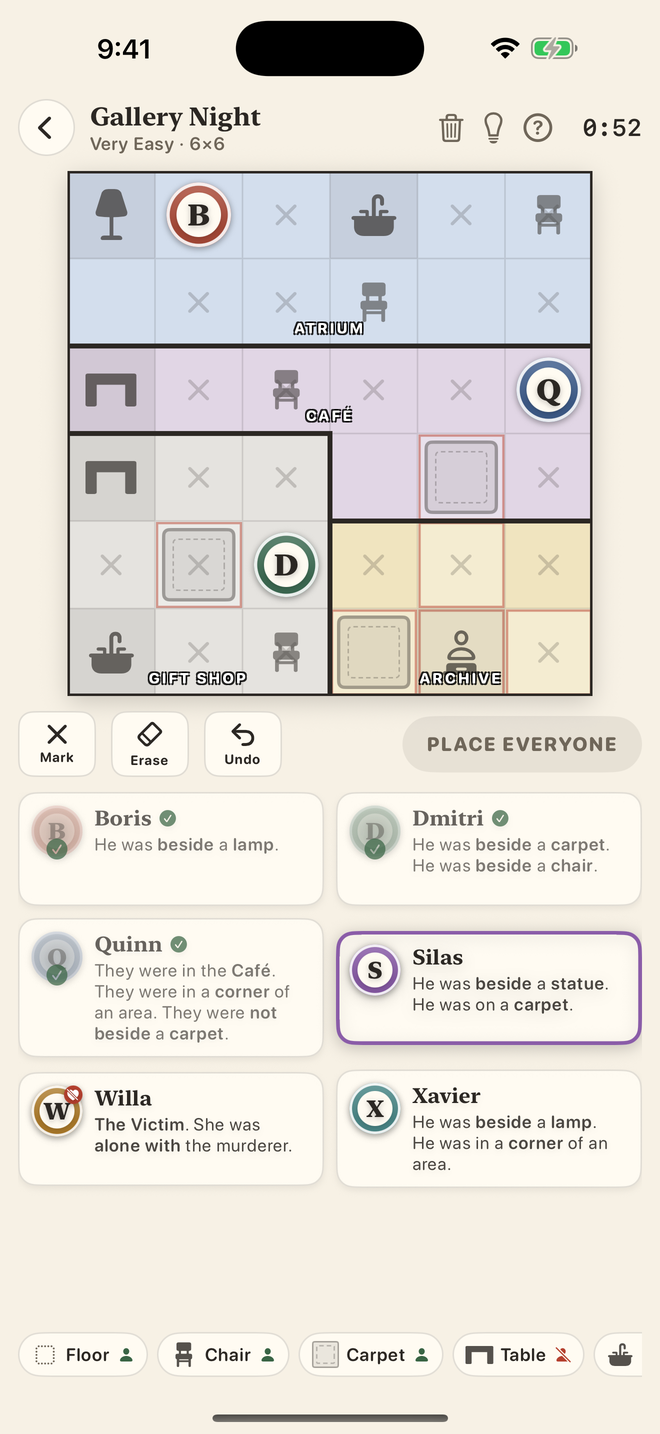A case mid-solve: suspects placed on a floor plan, a clue highlighted