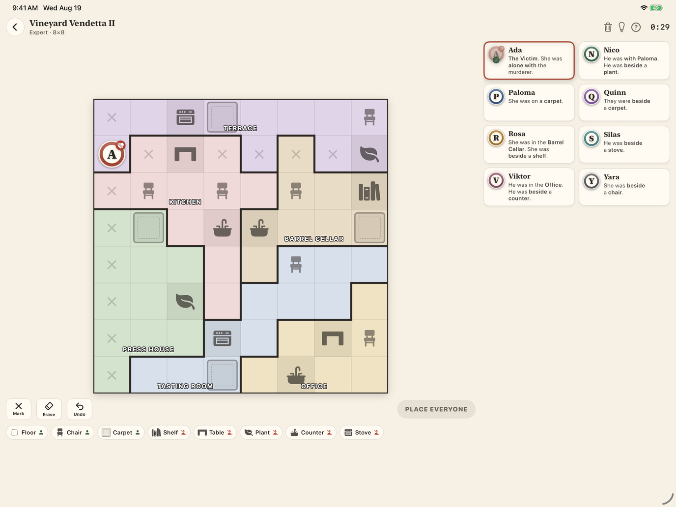Roomers on iPad in landscape: the board with the clue cards beside it