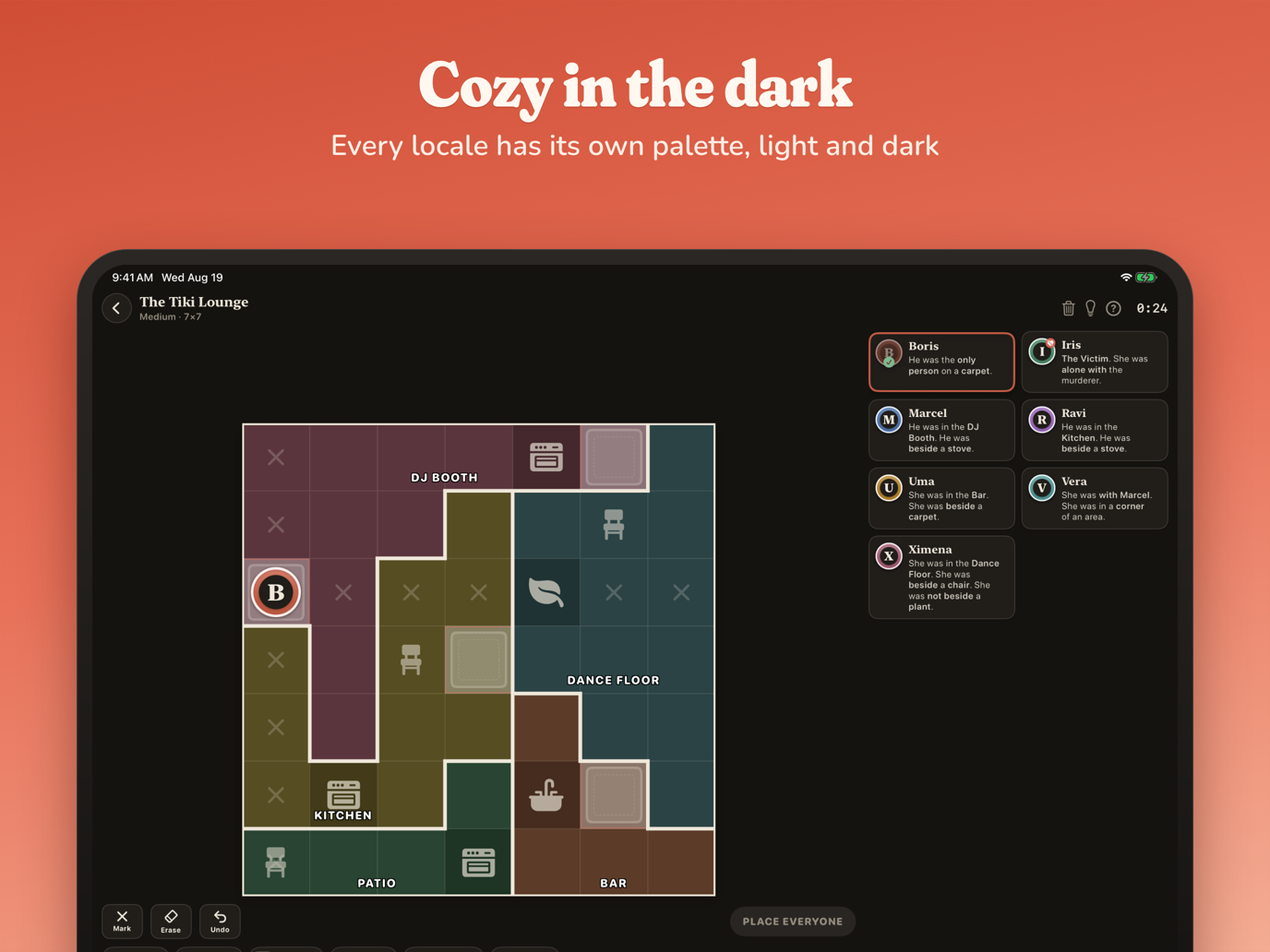 Roomers on iPad in landscape, clue cards beside the board
