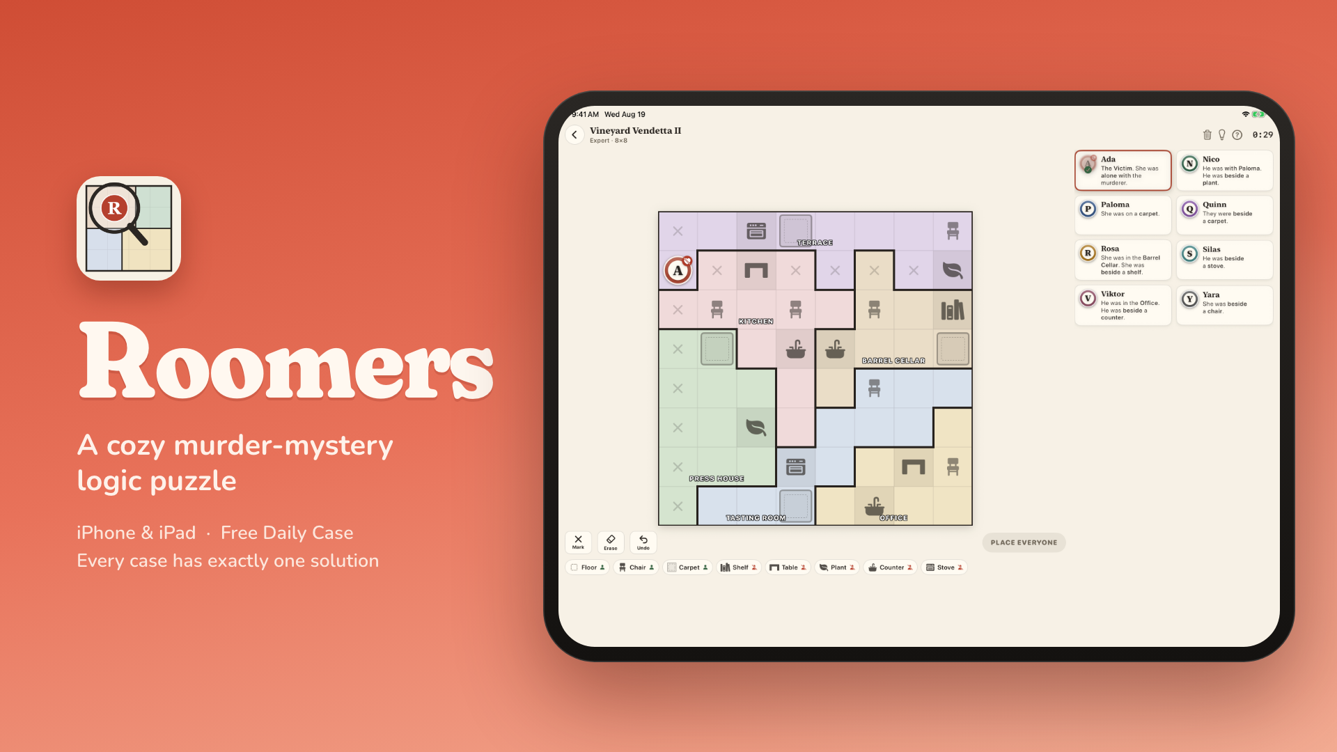 Roomers key visual: the icon and wordmark beside an iPad showing a case mid-solve